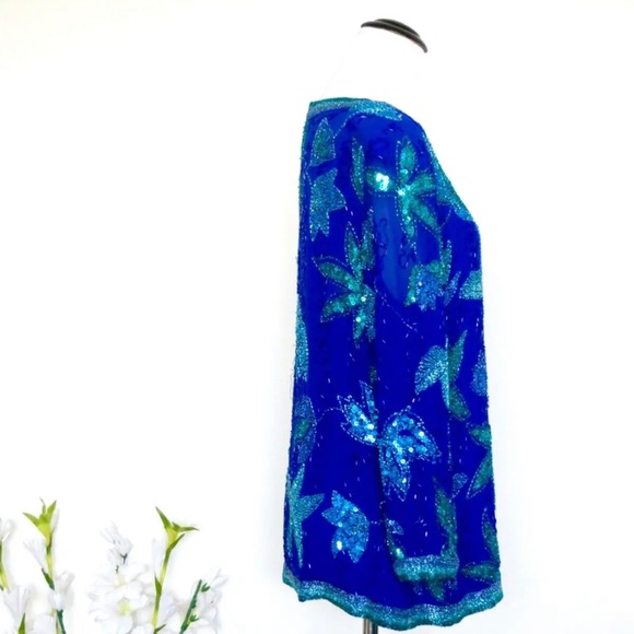 Vintage Jacqueline Ferrar 100% Silk Beaded Sequin Floral Blouse Blue Size 14 - Picture 4 of 7